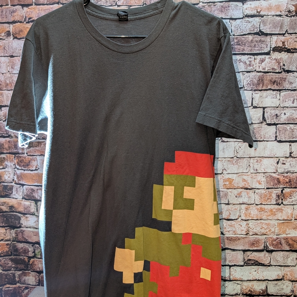 Gray and Red Short Sleeve Tee with Pixel Art Design